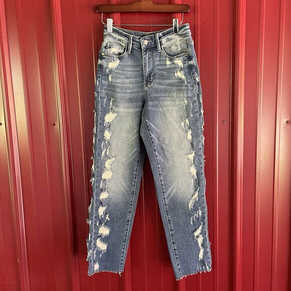 Judy Blue Jeans Cheyenne Distressed Side Seam High Rise‎ Straight Crop Size 0/24 - Picture 1 of 9